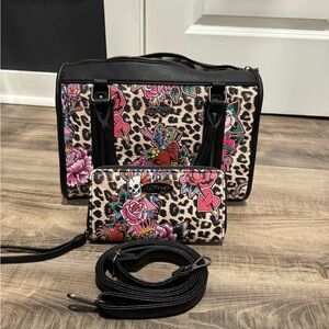 Ed Hardy Black and Pink Floral Leopard Shoulder Bag Set